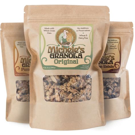 Michele's granola - ABOUT THIS GRANOLA: Michele’s Classic Variety Granola contains 3 bags each 12 ounces of Michele’s Original, Cherry Chocolate, and Cinnamon Raisin granola. FRESHLY MADE WITH NO GMOs: Made by hand daily and slowly baked into golden clusters of organic whole grain oats, coconut and a variety of nuts and seeds, all three varieties are …
